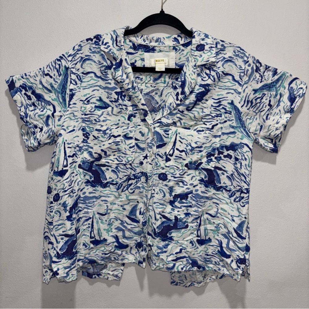 Maeve Linen Blend Top Women’s Sm Blue White Surf Waves Sail Beach Costal Whale